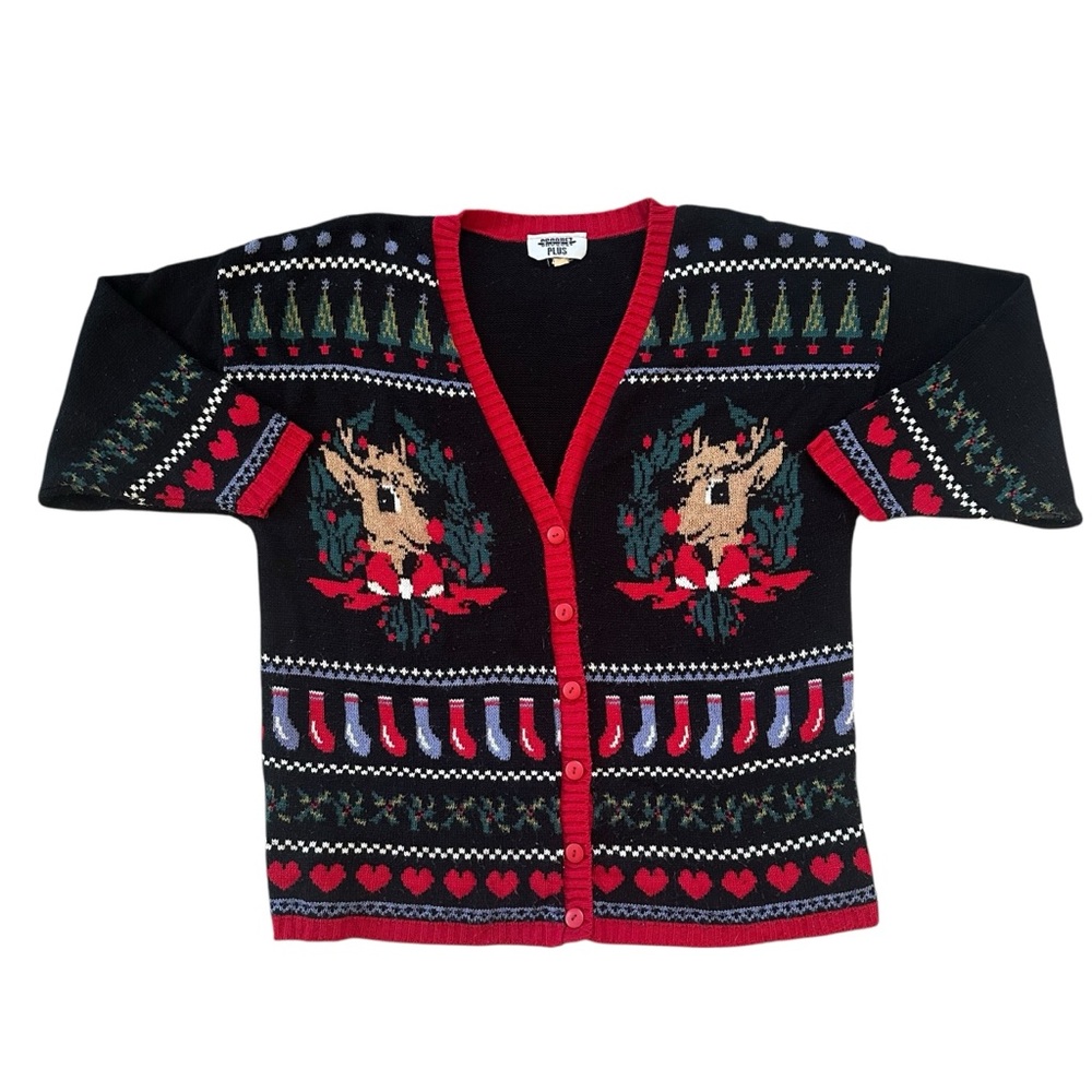 Vintage Womens Coquette Christmas Reindeer Rudolph Heart Trim Sleeve Cardigan 2X
